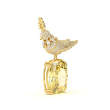 Custom Diamond Bird Brooch with Cushion-Cut Drop